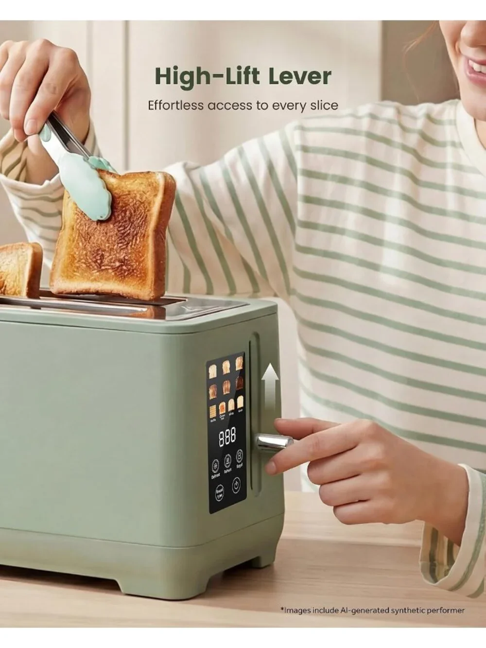 4 Slice Green Stainless Steel Long Slot Touch Screen Retro with Digital Toaster